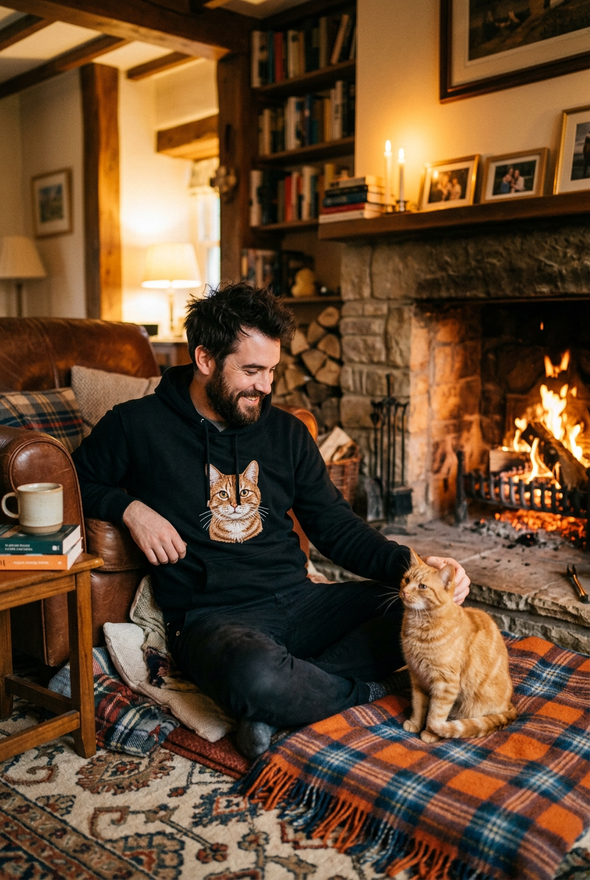 Lifestyle - homme et son chat au coin du feu