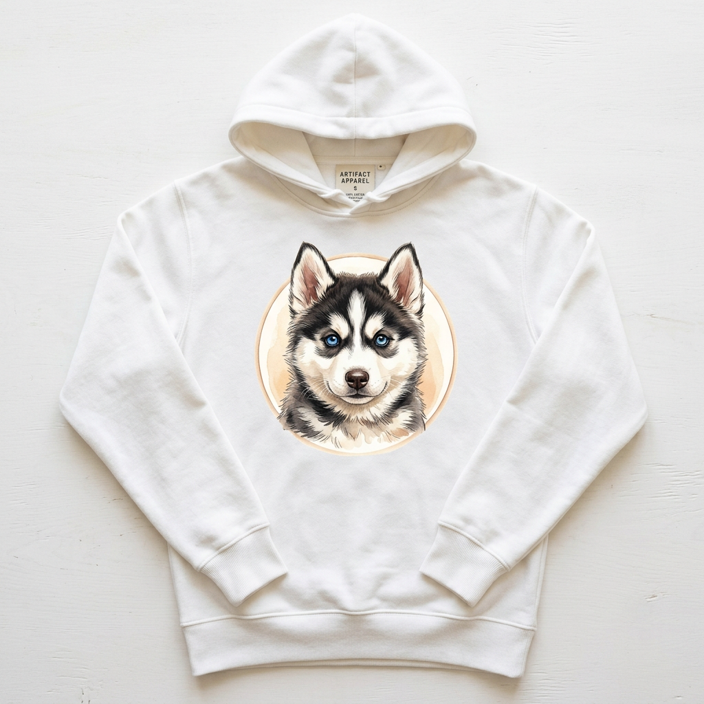 Hoodie blanc avec portrait illustré de Husky