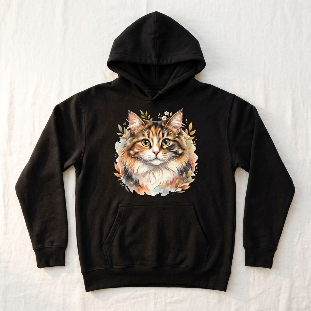 Hoodie noir avec portrait illustré de chat