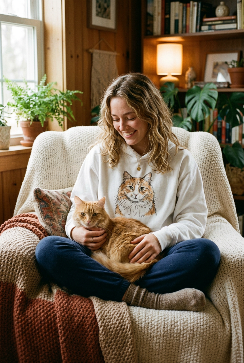 Lifestyle - femme et son chat en hoodie personnalisé
