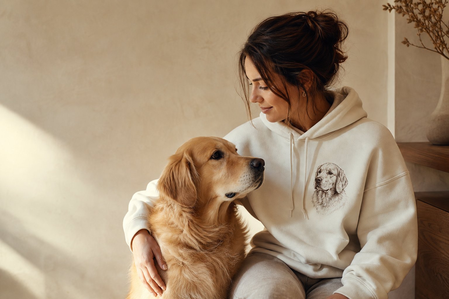 Une personne porte un hoodie avec le portrait de son chien, près de son compagnon